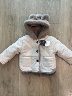 Plush Teddy-Ear Hooded Baby Coat in Light Taupe